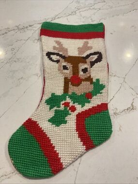 Vintage Handmade Needlepoint Rudolph the Reindeer Christmas Stocking
